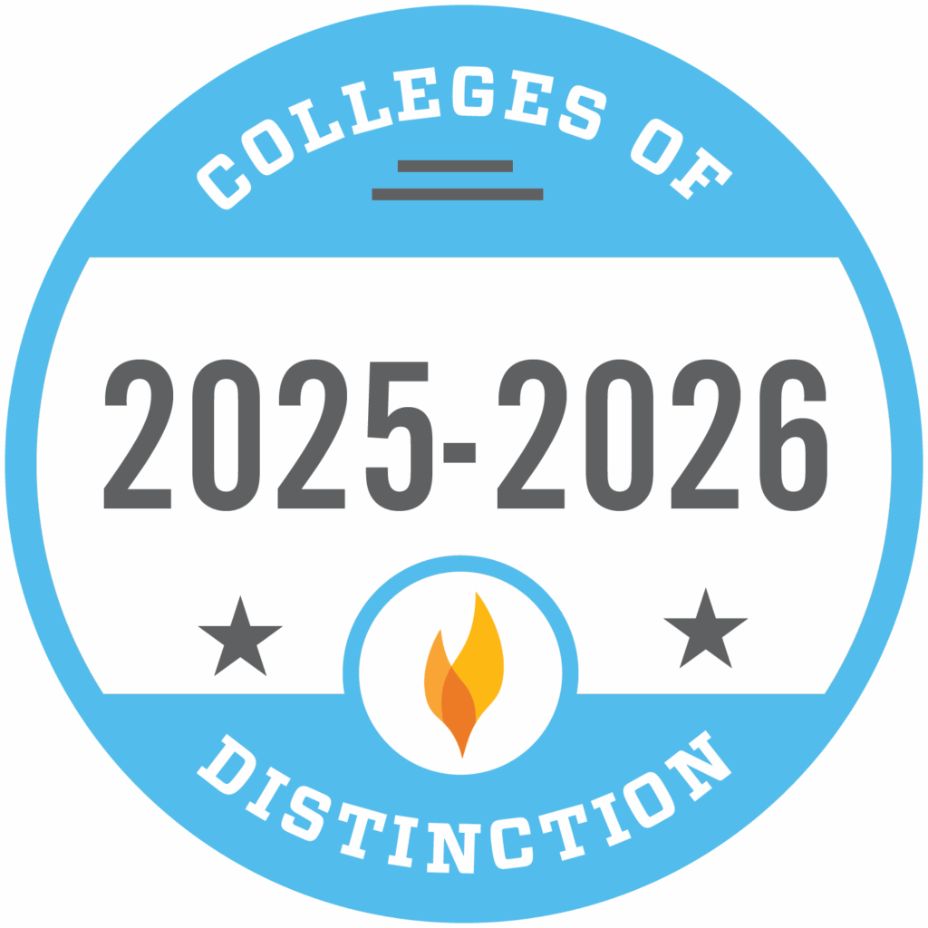 Blue and white badge reading Colleges of Distinction 2025-2026 with two stars and a flame icon in the center.
