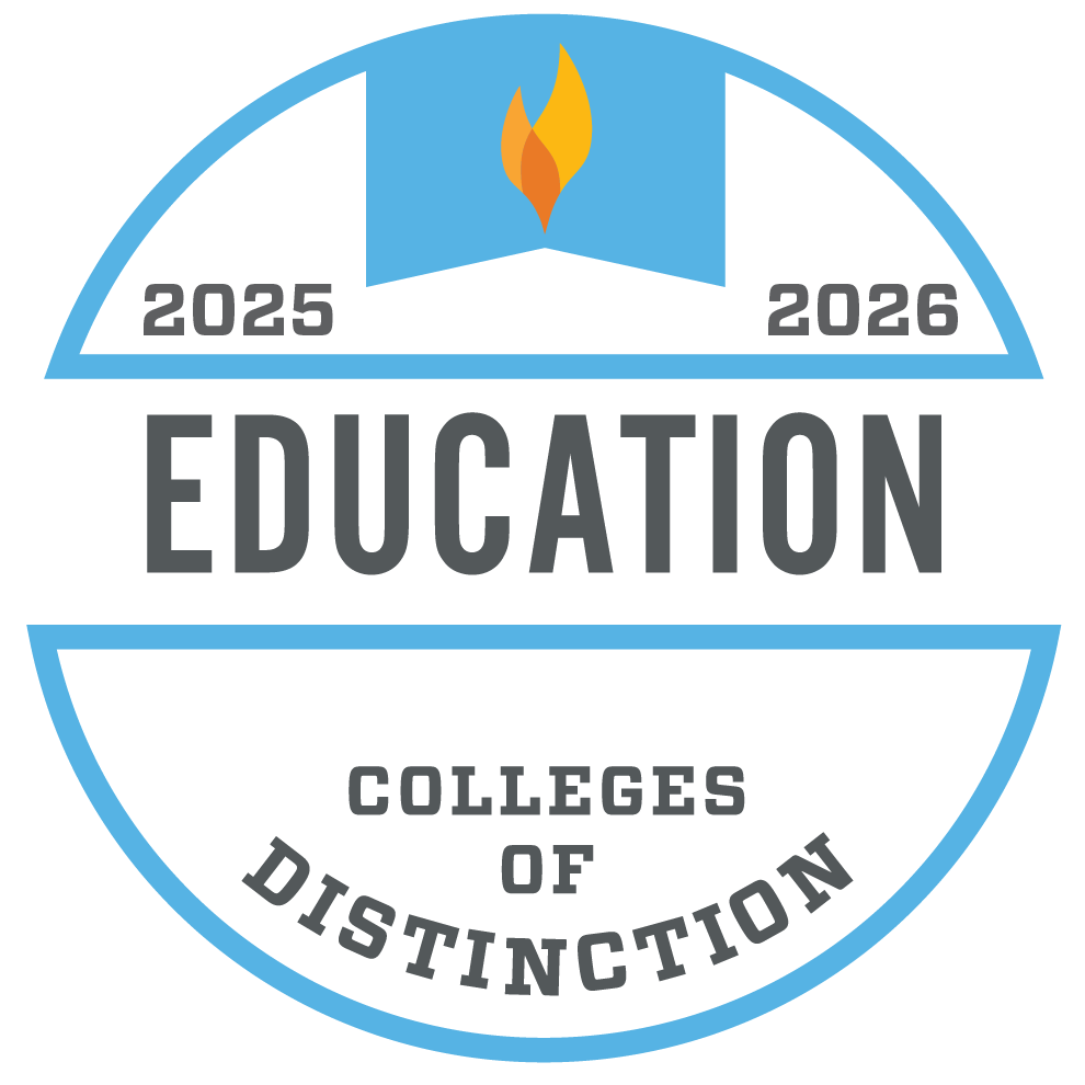 A round badge reads Education 2025-2026 Colleges of Distinction with a flame graphic at the top.