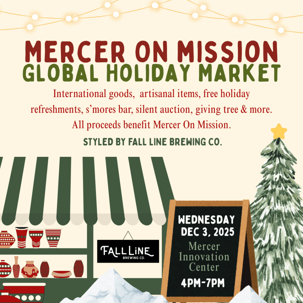 Holiday market flyer with event details, red and green booth, snow, pine tree, and Fall Line Brewing Co. signage.