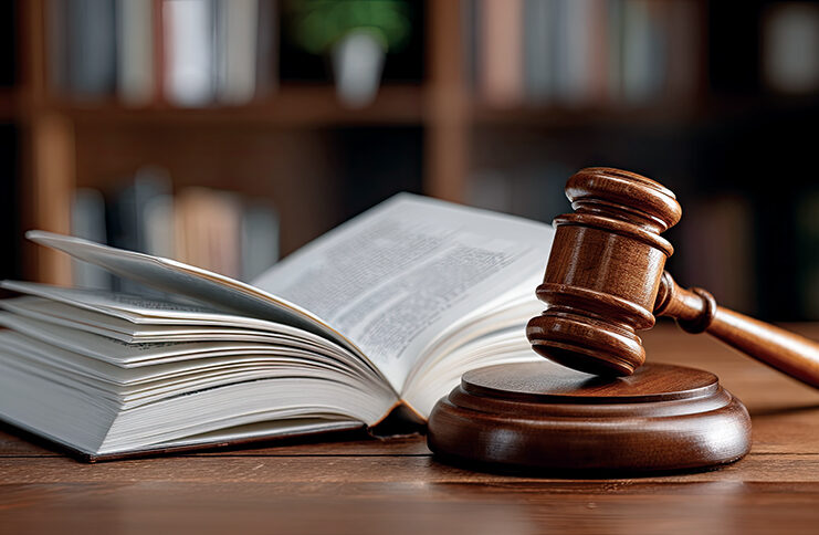 A wooden judge’s gavel rests on a sound block next to an open book on a wooden table, with shelves in the background.