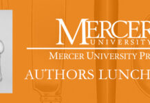 Mercer University Press Authors Luncheon spotlights several noted writers Mercer University Press Authors Luncheon event banner with silverware illustration on an orange background.