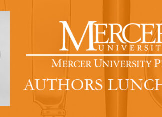 Mercer University Press Authors Luncheon spotlights several noted writers Mercer University Press Authors Luncheon event banner with silverware illustration on an orange background.