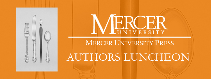 Mercer University Press Authors Luncheon event banner with silverware illustration on an orange background.