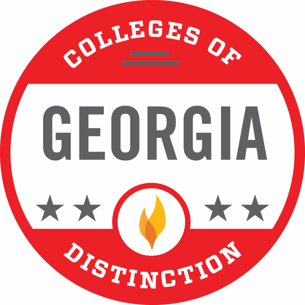 Red and white badge with the text Colleges of Distinction Georgia and stars flanking a yellow flame icon.