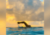 Alumnus embraces life’s journey in career, swimming A swimmer performs a freestyle stroke in open water at sunset, with clouds and golden light in the sky.