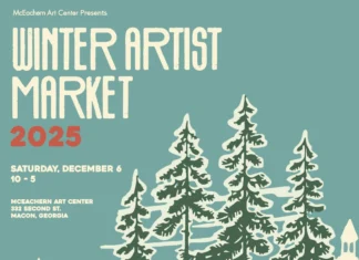 McEachern Art Center presents third annual Winter Artist Market Poster for the 2025 Winter Artist Market at McEachern Art Center, featuring snowy village and event details.