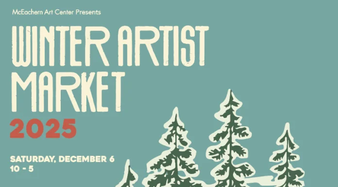McEachern Art Center presents third annual Winter Artist Market Poster for the 2025 Winter Artist Market at McEachern Art Center, featuring snowy village and event details.