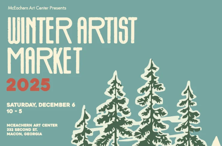 Poster for the 2025 Winter Artist Market at McEachern Art Center, featuring snowy village and event details.