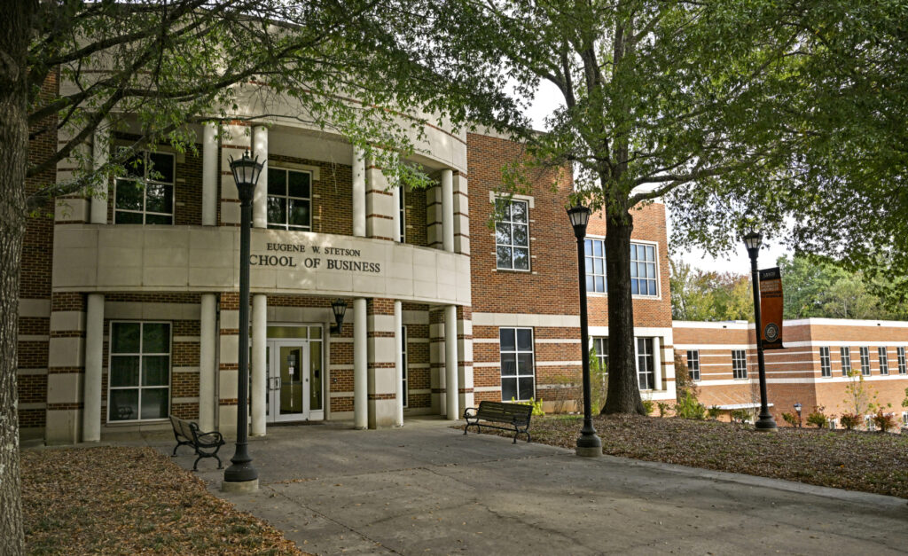 The entrance to the Eugene W. Stetson School of Business.