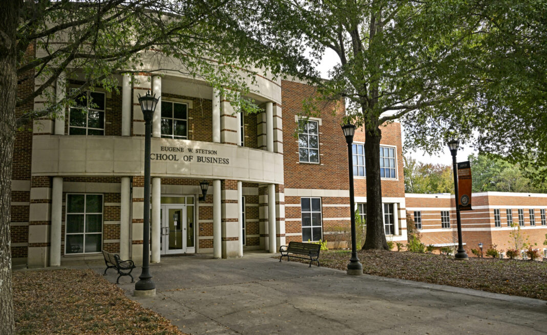 The entrance to the Eugene W. Stetson School of Business.