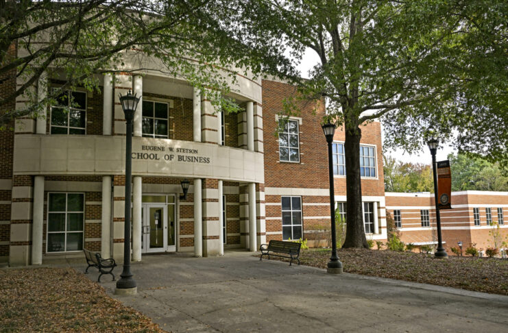 The entrance to the Eugene W. Stetson School of Business.