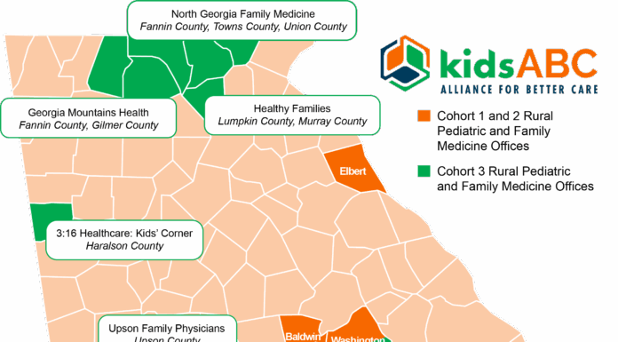 Kids Alliance for Better Care expands to support more rural pediatric and family medicine practices Map of Georgia showing locations of kidsABC rural pediatric and family medicine offices, marked in green and orange.