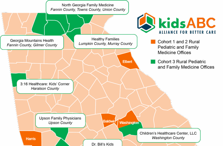 Map of Georgia showing locations of kidsABC rural pediatric and family medicine offices, marked in green and orange.
