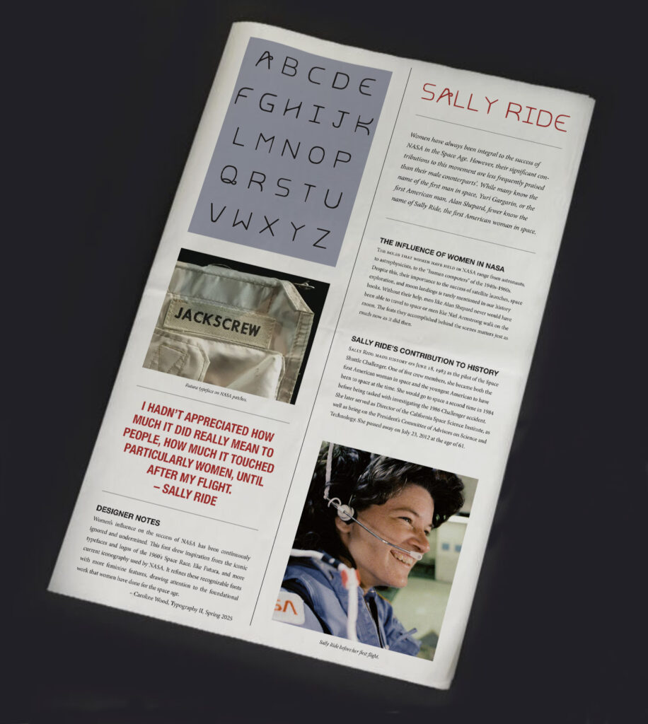 Magazine spread featuring an alphabet chart, article on Sally Ride, photo of Ride in a spacesuit, and a labeled bag reading JACKSCREW.