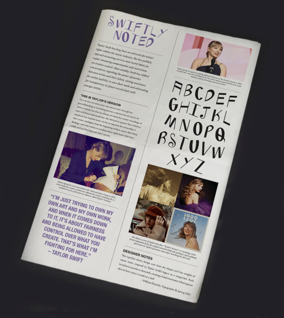 A magazine page features images of Taylor Swift, text about her, a stylized alphabet, and designer notes on white background.