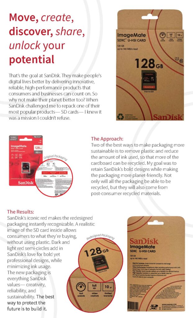 SanDisk SD card packaging redesign highlights reduced plastic, increased cardboard, and improved recyclability.