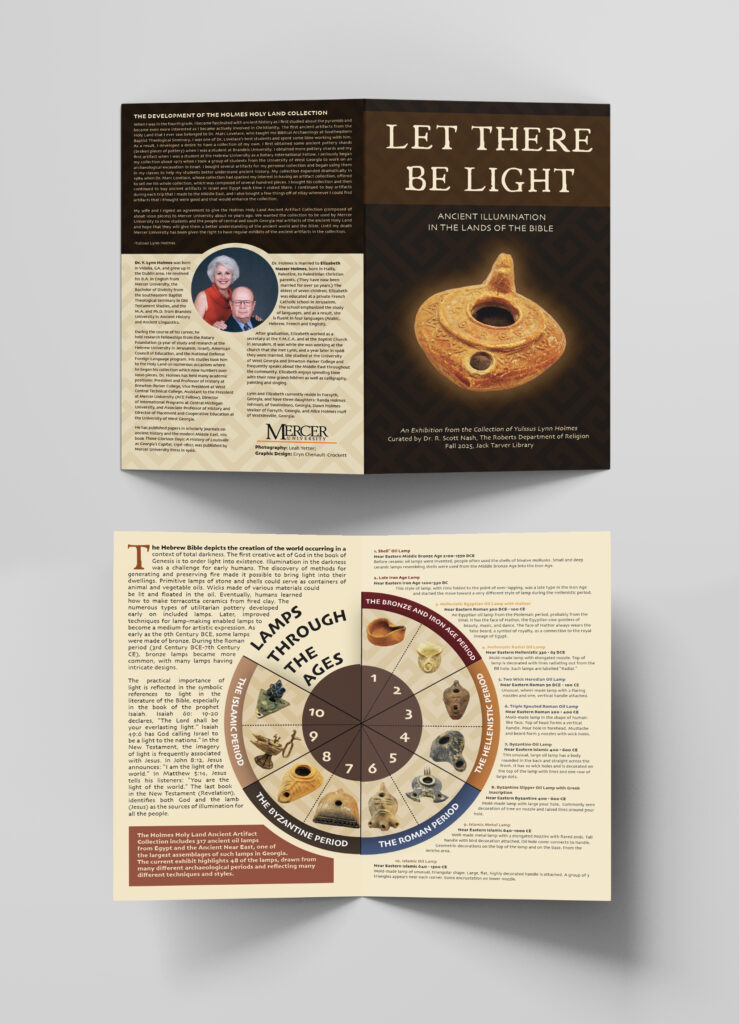 Two-page brochure about ancient Biblical lamps, featuring text, photos of lamps, a timeline graphic, and an image of two people.