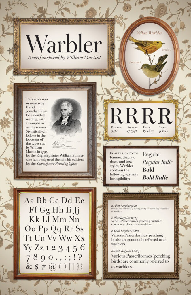 A decorative poster showcases the Warbler typeface with sample text, letterforms, and a yellow warbler illustration.