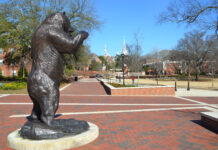 Faculty and Staff Notables | February 2026 A bronze bear statue stands on a brick plaza with campus buildings and trees in the background.