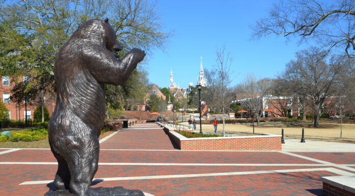 Faculty and Staff Notables | February 2026 A bronze bear statue stands on a brick plaza with campus buildings and trees in the background.