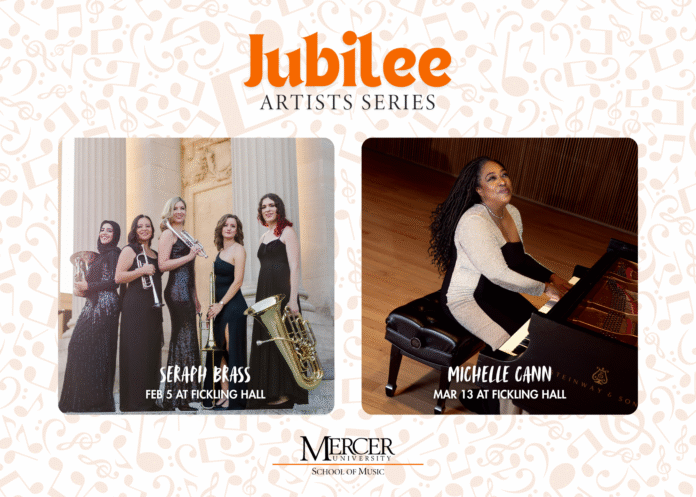Promotional image for Mercer University’s Jubilee Artists Series, featuring Seraph Brass and Michelle Cann at Fickling Hall.