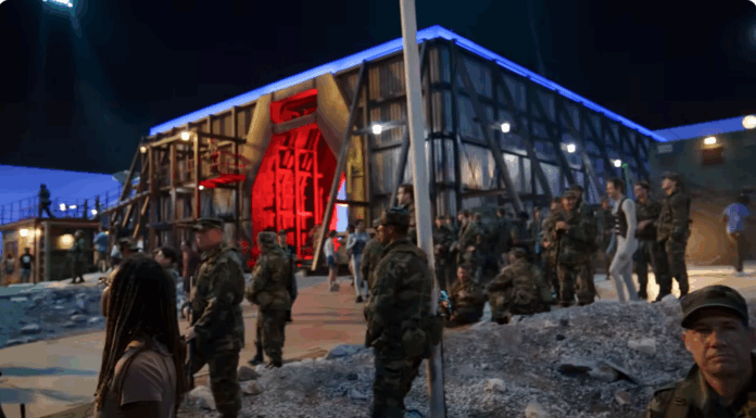 Mercer music professor plays soldier in ‘Stranger Things’ Stranger Things set featuring soldiers and Dr. Christopher Schmitz in the lower right corner.