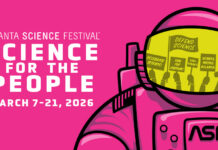 Get hands-on at 2026 Atlanta Science Festival Exploration Expo Illustration of an astronaut with protest signs reflected in helmet, promoting Atlanta Science Festival March 7–21, 2026.