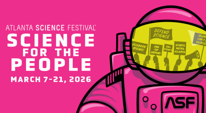 Get hands-on at 2026 Atlanta Science Festival Exploration Expo Illustration of an astronaut with protest signs reflected in helmet, promoting Atlanta Science Festival March 7–21, 2026.