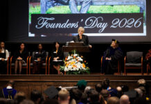 Nancy Grace returns to Mercer for Founders’ Day address Nancy Grace addresses an audience at a podium during Mercer University's Founders' Day 2026 event in Toney Auditorium.