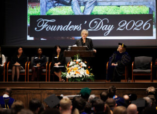 Nancy Grace returns to Mercer for Founders’ Day address Nancy Grace addresses an audience at a podium during Mercer University's Founders' Day 2026 event in Toney Auditorium.