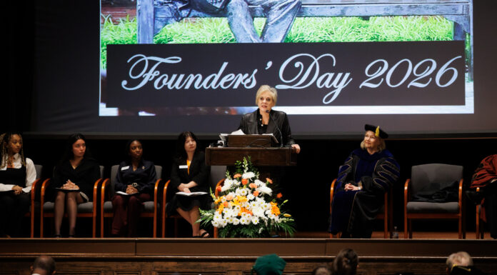 Nancy Grace returns to Mercer for Founders’ Day address Nancy Grace addresses an audience at a podium during Mercer University's Founders' Day 2026 event in Toney Auditorium.