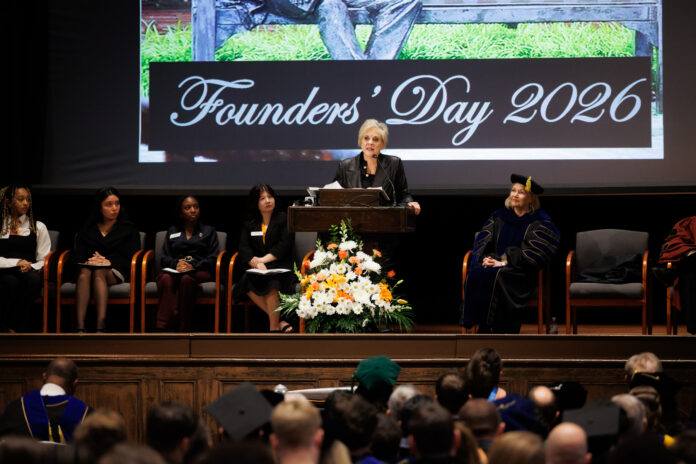 Nancy Grace addresses an audience at a podium during Mercer University's Founders' Day 2026 event in Toney Auditorium.