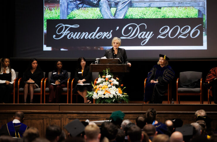 Nancy Grace addresses an audience at a podium during Mercer University's Founders' Day 2026 event in Toney Auditorium.