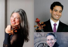 Mercer’s Fabian Concert Series announces first-ever Spivey Hall performances A woman holding a violin and smiling is on the left, with two men smiling on the right, one holding a violin scroll.