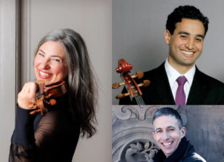 Mercer’s Fabian Concert Series announces first-ever Spivey Hall performances A woman holding a violin and smiling is on the left, with two men smiling on the right, one holding a violin scroll.