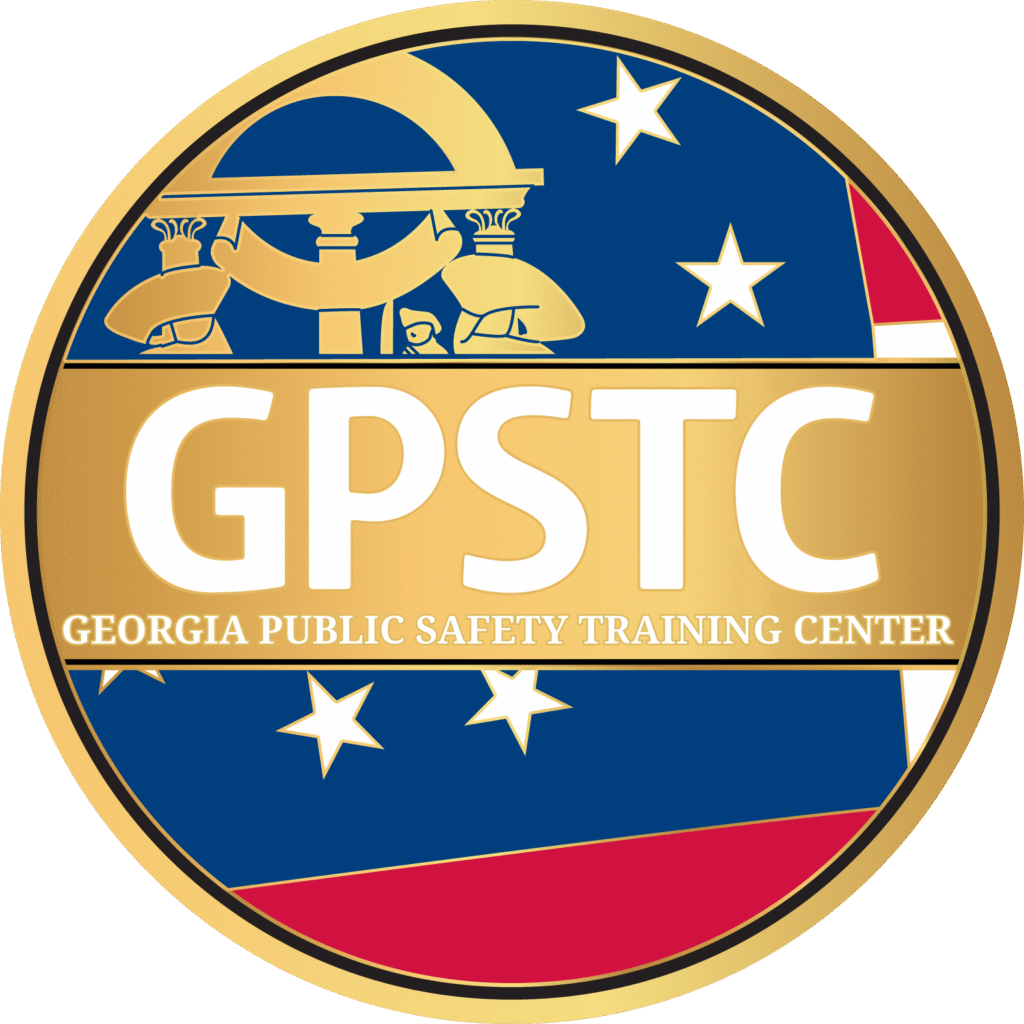 Georgia Public Safety Training Center (GPSTC) logo featuring gold text and symbols on a blue, red, and gold background.