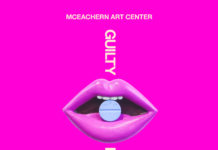 McEachern Art Center presents ‘Guilty Pleasures’ Bright pink poster with glossy lips holding a blue pill, promoting Guilty Pleasures art exhibit by Brittany Coburn.