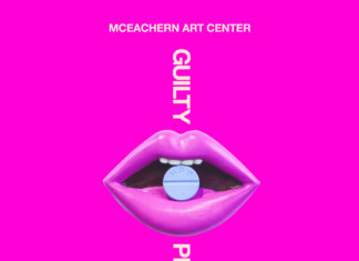 McEachern Art Center presents ‘Guilty Pleasures’ Bright pink poster with glossy lips holding a blue pill, promoting Guilty Pleasures art exhibit by Brittany Coburn.