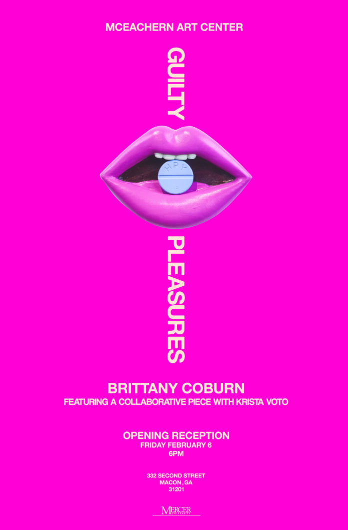 Bright pink poster with glossy lips holding a blue pill, promoting Guilty Pleasures art exhibit by Brittany Coburn.