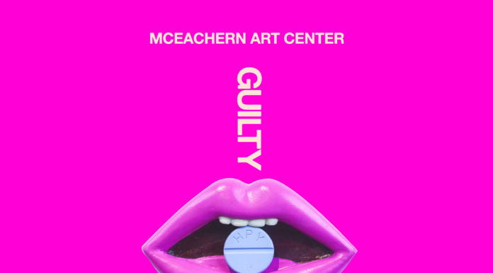 McEachern Art Center presents ‘Guilty Pleasures’ Bright pink poster with glossy lips holding a blue pill, promoting Guilty Pleasures art exhibit by Brittany Coburn.