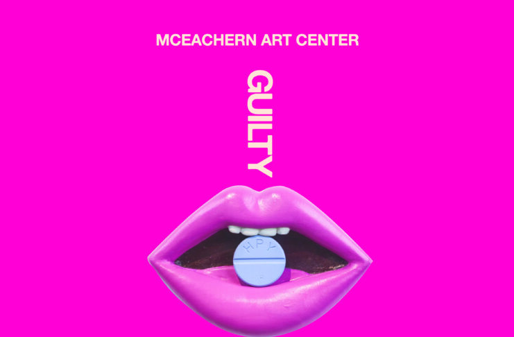 Bright pink poster with glossy lips holding a blue pill, promoting Guilty Pleasures art exhibit by Brittany Coburn.