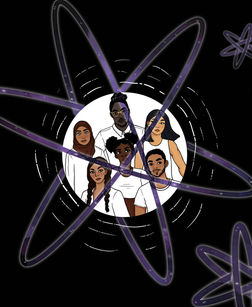 Illustration of six diverse people inside a white circle, overlaid with atomic orbit lines on a black background.