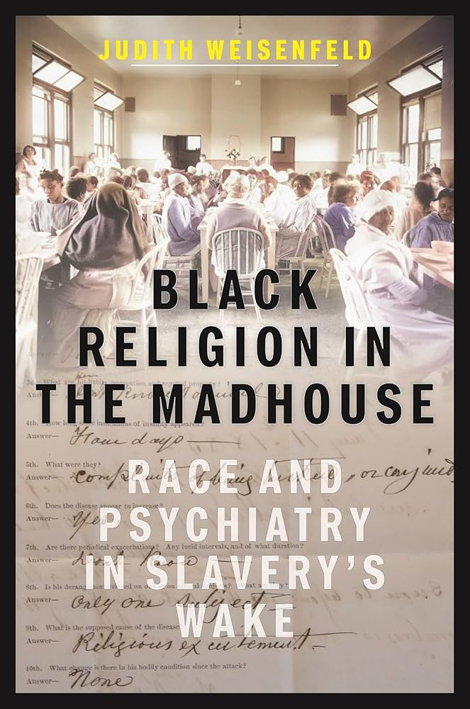 Book cover for Black Religion in the Madhouse with an old photo of people dining in a large institutional hall.