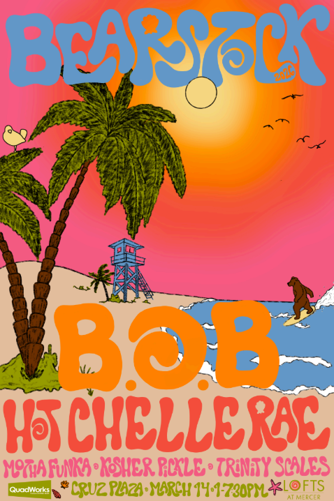 Colorful Bearstock 2024 poster with sunset beach, palm trees, and a bear surfing. Event details and band names are listed.