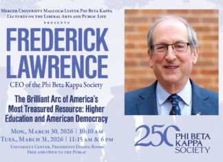 Phi Beta Kappa Society CEO Frederick Lawrence to deliver annual Lester Lectures Frederick Lawrence, CEO of Phi Beta Kappa Society, featured on a lecture event flyer about higher education and democracy.