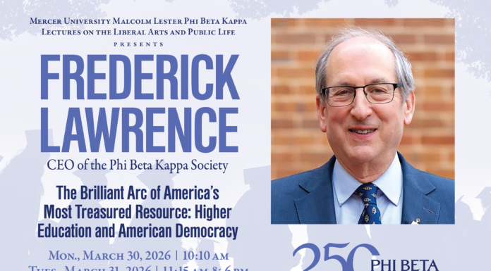Phi Beta Kappa Society CEO Frederick Lawrence to deliver annual Lester Lectures Frederick Lawrence, CEO of Phi Beta Kappa Society, featured on a lecture event flyer about higher education and democracy.