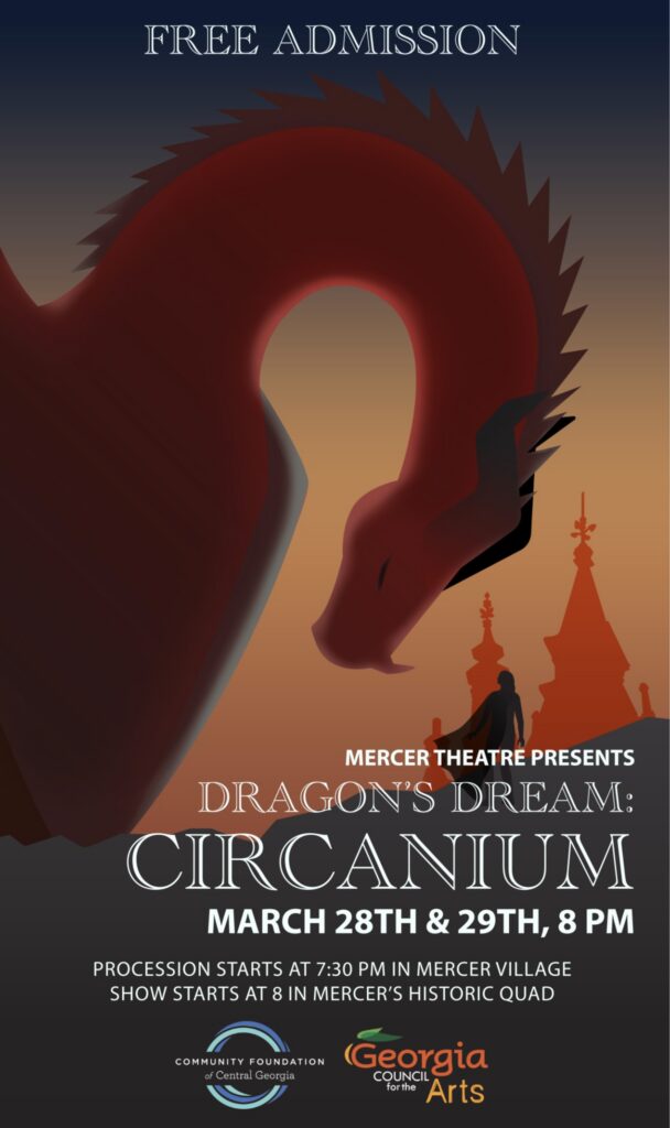 Poster for Dragons Dream: Circanium show, featuring a red dragon silhouette over a medieval town scene.