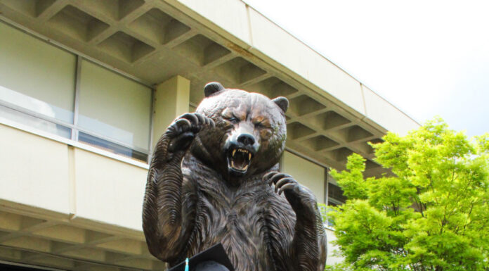 Graduate Spotlight: Brittany Jones Brittany Jones in cap and gown poses in front of a large bear statue on a brick walkway outside a building.