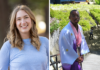 Senior and alumnus selected for prestigious Fulbright Awards A woman smiles outdoors on the left; a man in traditional clothing stands on stairs outdoors on the right.