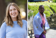 Senior and alumnus selected for prestigious Fulbright Awards A woman smiles outdoors on the left; a man in traditional clothing stands on stairs outdoors on the right.